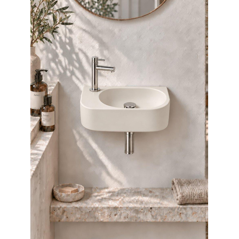 QeramiQ Fuente pack lave-mains – demi-rond – 40 x 21,5 x 12 cm – céramique beige – perçage à gauche – robinet chromé SW1232788