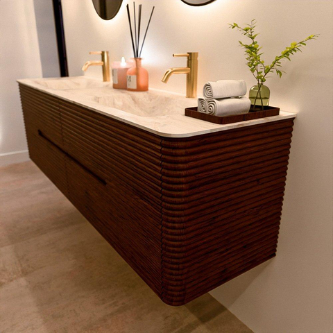 Mondiaz CIRO-DLUX Badkamermeubelset - 170x45x50cm - Solid surface wastafel Frappe - 2 wasbak Dubbel - 2 kraangaten - 4 lades - Ruby SW1531542