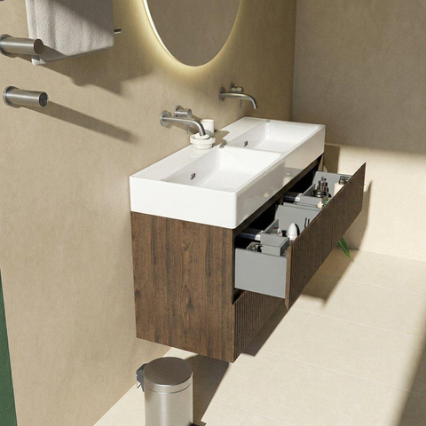 Saniclass Holz Atelier Ensemble de meubles de salle de bains - 120x45x72cm - Legend lavabo en céramique blanc - 2 vasques - sans trous de robinetterie - 2 tiroirs - chêne charcoal mat (bois) SW1478507