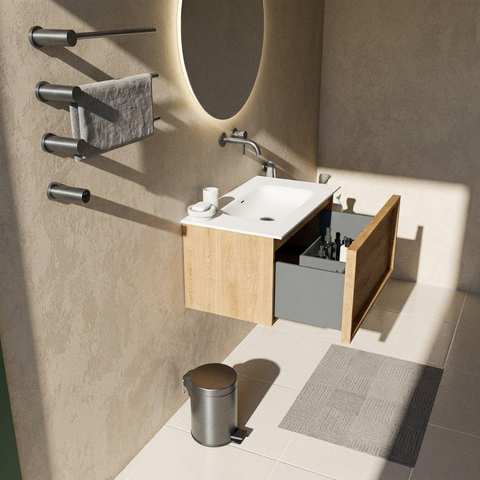 Saniclass Holz Frame Badkamermeubelset - 80x45x41.5cm - Flow solid surface wastafel wit - 1 wasbak - zonder kraangat - 1 lade - mat eiken natural (hout) SW1479072