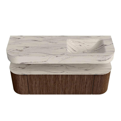 MONDIAZ THOR-DLUX 140cm meuble de salle de bains arrondi gauche + droite couleur Walnut avec 1 tiroir et 2 portes. Vasque suspendue CLOUD Droite 1 trou de robinet couleur Nata. SW1464486
