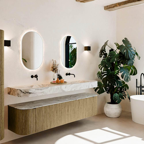 MONDIAZ THOR-DLUX Meuble de salle de bains - 190cm - arrondi gauche + droite - couleur Dusk - 2 tiroirs et 2 portes - Vasque suspendue CLOUD Double sans trou de robinet - couleur Glace SW1466456