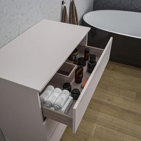 Saniclass Chaci Plus Meuble de salle de bain - 80x46x86cm - plan de toilette - sans trou de robinet - 3 tiroirs - mat cotton (beige) SW1182415