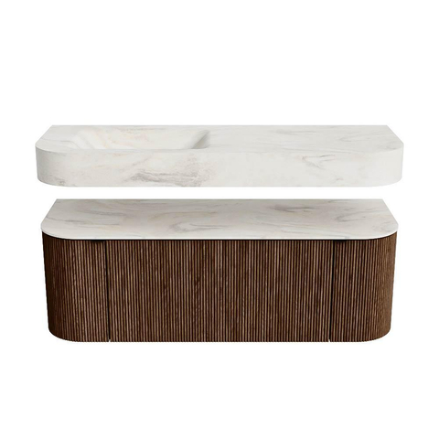 MONDIAZ THOR-DLUX 130cm badmeubel ronding links + rechts kleur Walnut met 1 lade en 2 deuren. Vrijhangende wastafel CLOUD Links 1 kraangat kleur Ostra. SW1463626