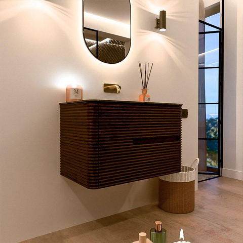 Mondiaz CIRO-DLUX Badkamermeubelset - 80x45x50cm - Solid surface wastafel Lava - 1 wasbak Midden - zonder kraangaten - 2 lades - Walnut SW1530160
