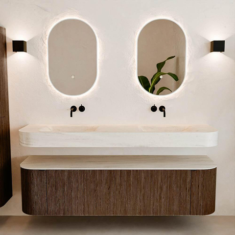 MONDIAZ THOR-DLUX Meuble de salle de bains 170cm arrondi gauche + droite couleur Walnut avec 1 tiroir et 2 portes. Vasque suspendue CLOUD Double sans trou de robinet couleur Meli. SW1465751