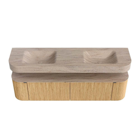 MONDIAZ THOR-DLUX 180cm badmeubel ronding links + rechts kleur Oak met 2 lades en 2 deuren. Vrijhangende wastafel CLOUD Dubbel 2 kraangaten kleur Saba. SW1466235