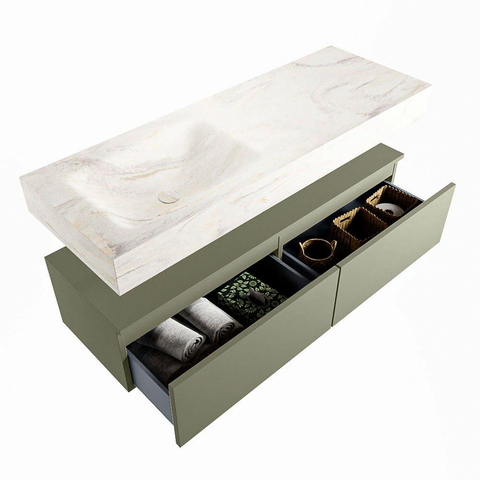 Mondiaz ALAN-DLUX Ensemble de meuble - 130cm - meuble - Army mat - 2 tiroirs - Lavabo Cloud Ostra suspendu - vasque gauche - 0 trous de robinet - Beige SW807753