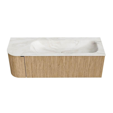 MONDIAZ KURVE-DLUX meuble de salle de bains 135 cm avec module 25 L couleur Oak avec 1 tiroir et 1 porte. Plan-vasque BIG MEDIUM à droite 1 trou de robinet couleur Ostra. SW1137759