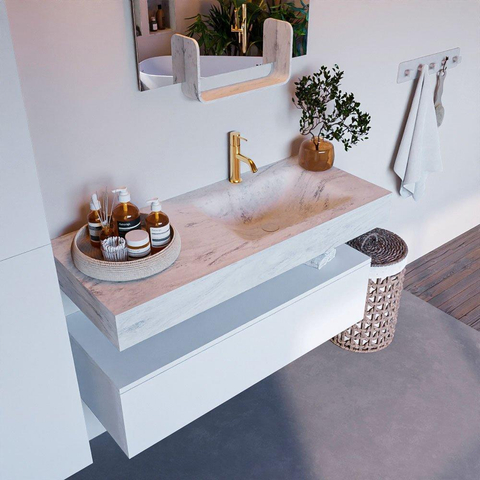 Mondiaz ALAN-DLUX Ensemble de meuble - 110cm - meuble Talc mat - 1 tiroir - Lavabo Cloud Opalo suspendu - vasque Droite - 1 trou de robinet SW806371