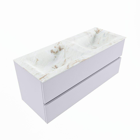 Mondiaz VICA-DLUX Ensemble meuble de salle de bains - 120cm - cale - 2 tiroirs - Lavabo encastré CLOUD - double sans trou de robinet - couleur Frappe - version XL 60cm de haut SW1189180
