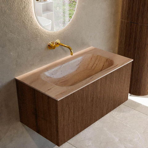 MONDIAZ KURVE-DLUX Meuble de salle de bains 90cm couleur Walnut avec 1 tiroir et 0 porte. Lavabo BIG SMALL Central sans trou de robinet Saba. SW1433164