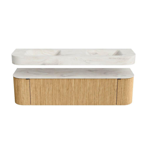 MONDIAZ THOR-DLUX 170cm badmeubel ronding links + rechts kleur Oak met 1 lade en 2 deuren. Vrijhangende wastafel CLOUD Dubbel zonder kraangat kleur Ostra. SW1465552