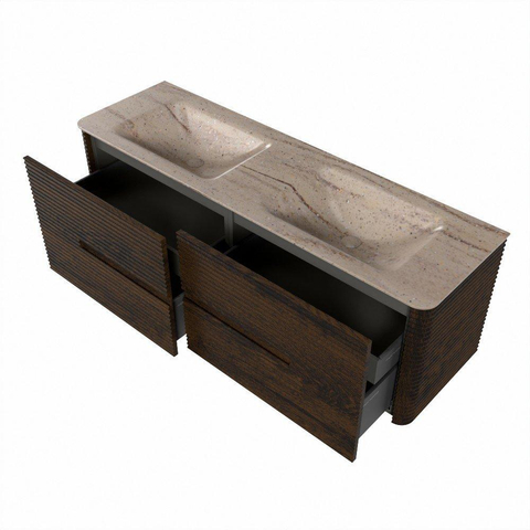 Mondiaz CIRO-DLUX Ensemble de meubles de salle de bains - 150x45x50cm - Plan-vasque solid surface Saba - 2 vasques double - 2 trous de robinetterie - 4 tiroirs - Noyer SW1530692