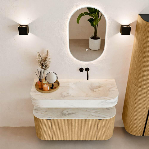 MONDIAZ THOR-DLUX 110cm meuble de salle de bains arrondi gauche + droite couleur Oak avec 1 tiroir et 2 portes. Vasque suspendue CLOUD Droite sans trou de robinet couleur Ostra. SW1462738