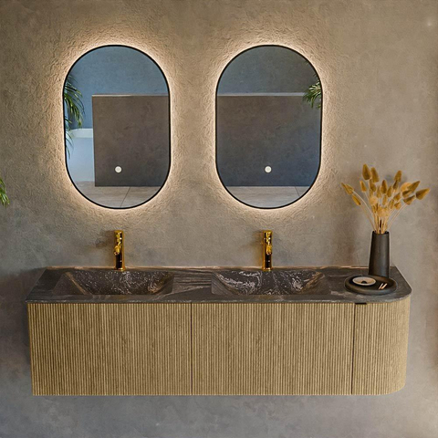 Mondiaz KURVE-DLUX Ensemble de meuble de salle de bains - 155x46x40cm - 2 tiroirs - 1 porte - lavabo solid surface - double / gauche - 2 trous de robinet - Dusk SW1415562