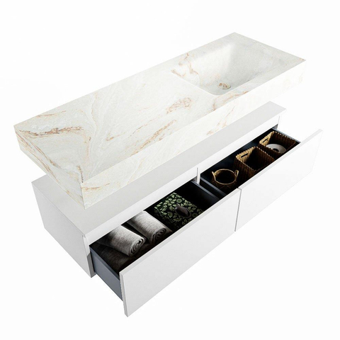 Mondiaz ALAN-DLUX Ensemble de meuble - 130cm - meuble Talc mat - 2 tiroirs - Lavabo Cloud Frappe suspendu - vasque Droite - 1 trou de robinet SW804903