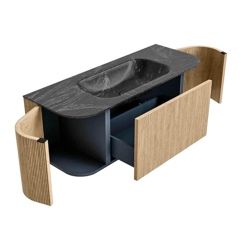 MONDIAZ KURVE-DLUX meuble de salle de bains 120 cm avec module 25 Len R couleur Oak avec 1 tiroir et 2 portes. Lavabo BIG SMALL central 1 trou de robinet couleur Lava. SW1138153