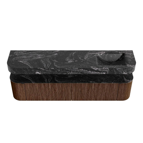 MONDIAZ THOR-DLUX 200cm badmeubel ronding links + rechts kleur Walnut met 2 lades en 2 deuren. Vrijhangende wastafel CLOUD Rechts 1 kraangat kleur Lava. SW1466992