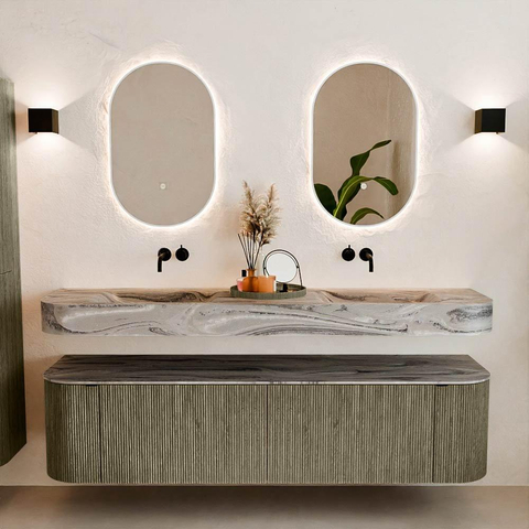 MONDIAZ THOR-DLUX 180cm meuble de salle de bains arrondi gauche + droite couleur Shadow avec 2 tiroirs et 2 portes. Vasque suspendue CLOUD Double sans trou de robinet couleur Sombra. SW1466357