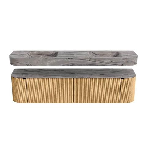 MONDIAZ THOR-DLUX Meuble de salle de bains 190cm arrondi gauche + droite couleur Oak avec 2 tiroirs et 2 portes. Vasque suspendue CLOUD Double sans trou de robinet couleur Sombra. SW1466711