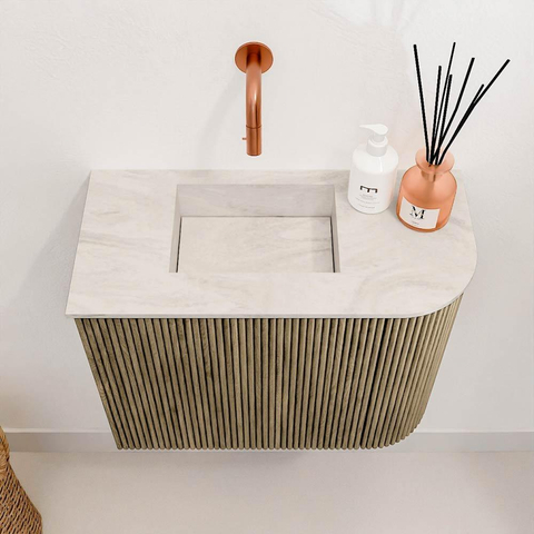 Mondiaz JOYA-DLUX 51.6cm toiletmeubel - ronding rechts kleur Dusk - Wastafel FAYE positie Links Zonder kraangat kleur Ostra. SW1423430