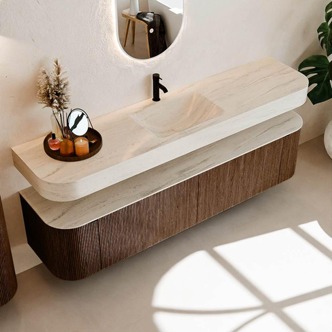 MONDIAZ THOR-DLUX 190cm meuble de salle de bains arrondi gauche + droite couleur Walnut avec 2 tiroirs et 2 portes. Vasque suspendue CLOUD Milieu 1 trou de robinet couleur Meli. SW1466648