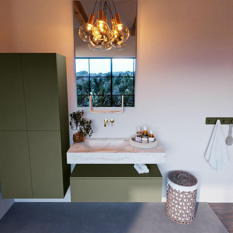 Mondiaz ALAN-DLUX Ensemble de meuble - 100cm - meuble Army mat - 1 tiroir - Lavabo Cloud Frappe suspendu - vasque Gauche - 0 trous de robinet SW805378