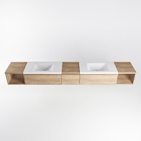 MONDIAZ BUKLA 280cm ensemble de meuble avec module ouvert 40 L+R couleur Chêne blanchi avec 3 tiroirs. Lavabo CLOUD double 2 trous de robinet couleur Talc. SW1382291