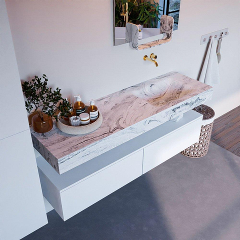 Mondiaz ALAN-DLUX Ensemble de meuble - 150cm - meuble Talc mat - 2 tiroirs - Lavabo Cloud Glace suspendu - vasque Droite - 0 trous de robinet SW805604