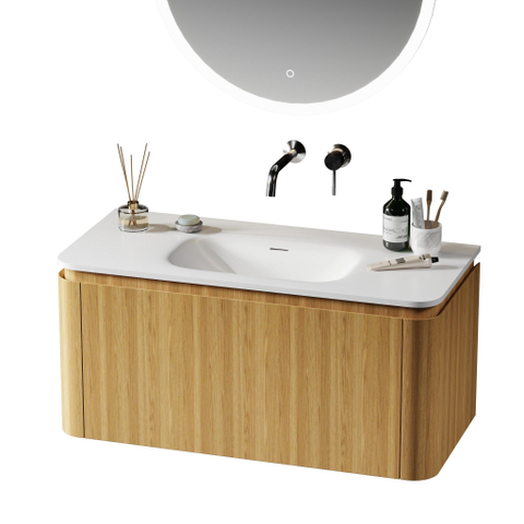 Royal Plaza Terra Ensemble meuble de salle de bains - 100x46.2x46cm - vasque en solid surface blanc brillant - 1 vasque - sans trou de robinet - 2 tiroirs - sandwood (chêne clair) SW1447023