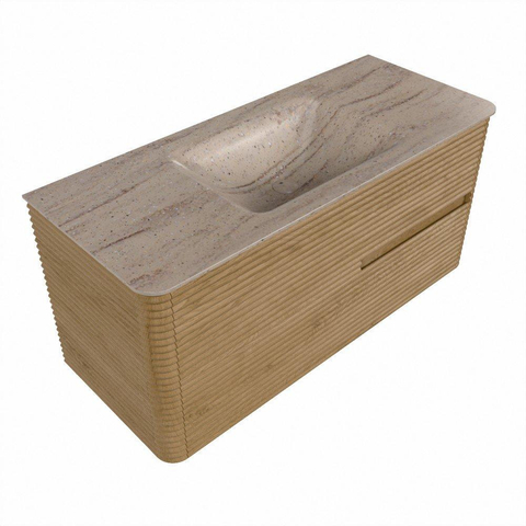 Mondiaz CIRO-DLUX Ensemble meuble de salle de bains - 110x45x50cm - Plan vasque solid surface Saba - 1 lavabo au milieu - sans perçages de robinet - 2 tiroirs - Chêne SW1531200