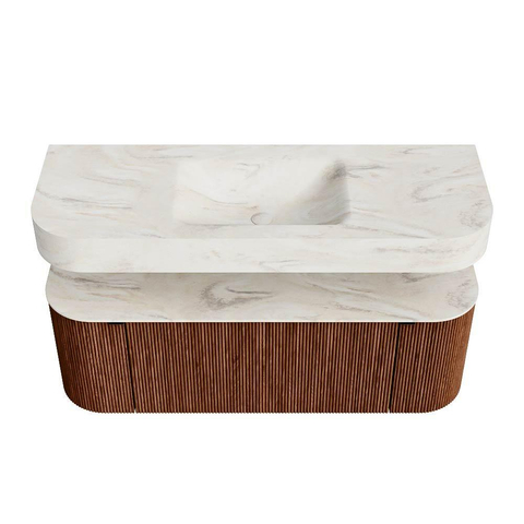 MONDIAZ THOR-DLUX 130cm meuble de salle de bains arrondi gauche + droite couleur Ruby avec 1 tiroir et 2 portes. Vasque suspendue CLOUD Milieu sans trou de robinet couleur Ostra. SW1463718