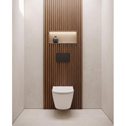 QeramiQ Salina Pack WC - sans bride - réservoir encastré Geberit - à fond creux WC suspendu - fermeture douce - déverrouillage rapide - panneau de commande avec boutons rectangulaires - noir mat - blanc SW791659
