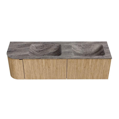 MONDIAZ KURVE-DLUX meuble de salle de bains 155 cm arrondi à gauche couleur Chêne avec 2 tiroirs et 1 porte. Lavabo LEAF Double / Droite sans trou de robinet Oza. SW1432670