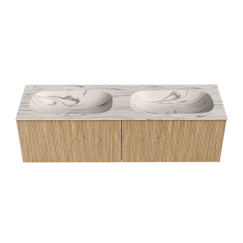 MONDIAZ KURVE-DLUX Meuble de salle de bains 150cm couleur Oak avec 2 tiroirs et 0 portes. Lavabo STOR SMALL Double sans trou de robinet Nata. SW1432137