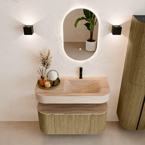 MONDIAZ THOR-DLUX 100cm meuble de salle de bains arrondi gauche + droite couleur Dusk avec 1 tiroir et 2 portes. Vasque suspendue CLOUD Droite 1 trou de robinet couleur Saba. SW1467565