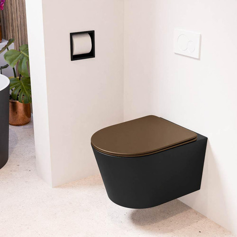 Mondiaz LAVIE hangtoilet – spoelrandloos – 36 x 53 cm – met softclose zitting – Urban (zwart), zitting Rust (bruin) SW1208708