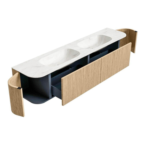 MONDIAZ KURVE-DLUX Meuble de salle de bains 200 cm avec module 25 Len R couleur Chêne avec 2 tiroirs et 2 portes. Lavabo STOR SMALL double sans trou de robinet couleur Ostra. SW1137776