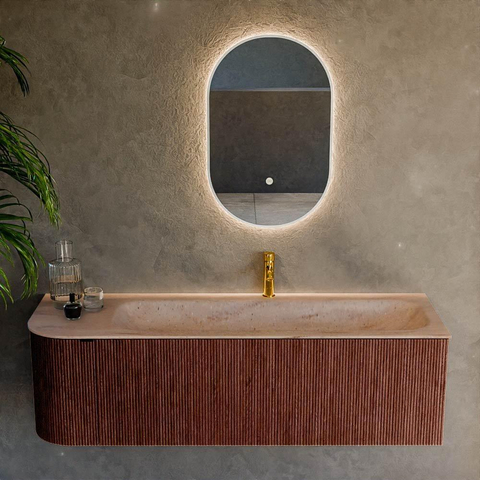 MONDIAZ KURVE-DLUX Meuble de salle de bains 145cm arrondi à gauche couleur Ruby avec 1 tiroir et 1 porte. Lavabo BIG LARGE à droite 1 trou de robinet Saba. SW1433486