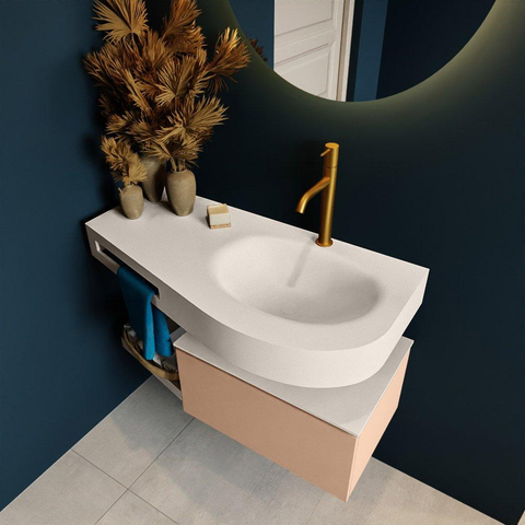 MONDIAZ RIVA Badkamermeubelset - 100x50x30cm - 1 lade - MDF Rosee mat - push to open - 1 kraangat - wasbak rechts - solid surface linen SW702911