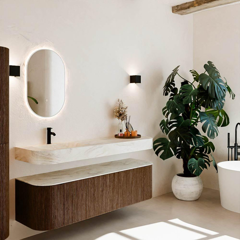 MONDIAZ THOR-DLUX 160cm meuble de salle de bains arrondi gauche + droite couleur Walnut avec 1 tiroir et 2 portes. Vasque suspendue CLOUD Gauche 1 trou de robinet couleur Ostra. SW1465032