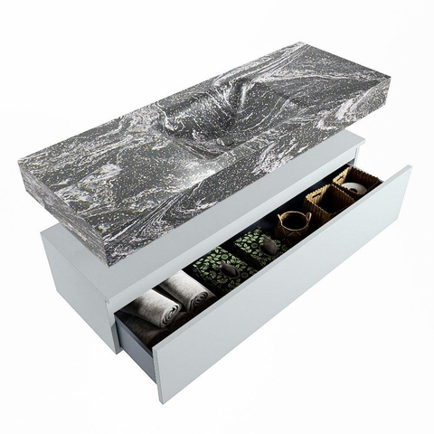 Mondiaz ALAN-DLUX Ensemble de meuble - 130cm - meuble Clay mat - 1 tiroir - Lavabo Cloud Lava suspendu - vasque Centre - 1 trou de robinet SW808751
