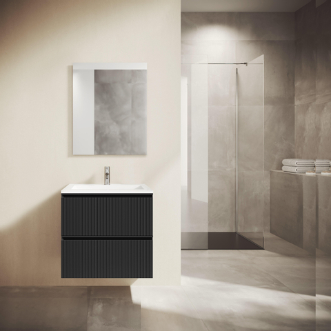 Saniclass Prime Blend Badkamermeubelset - 60x55x46cm - 1 ovale keramische wasbak wit - 1 kraangat - 2 lades -mat zwart SHOWROOMMODEL SHOW26730