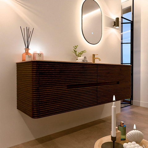 Mondiaz CIRO-DLUX Meuble de salle de bains - 160x45x50cm - vasque en solid surface Saba - 1 lavabo à droite - 1 trou de robinet - 4 tiroirs - Noyer SW1530699