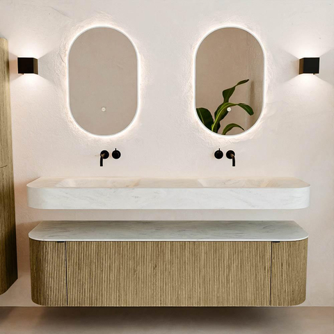 MONDIAZ THOR-DLUX 170cm meuble de salle de bains arrondi gauche + droite couleur Dusk avec 1 tiroir et 2 portes. Vasque suspendue CLOUD Double sans trou de robinet couleur Opalo. SW1465441