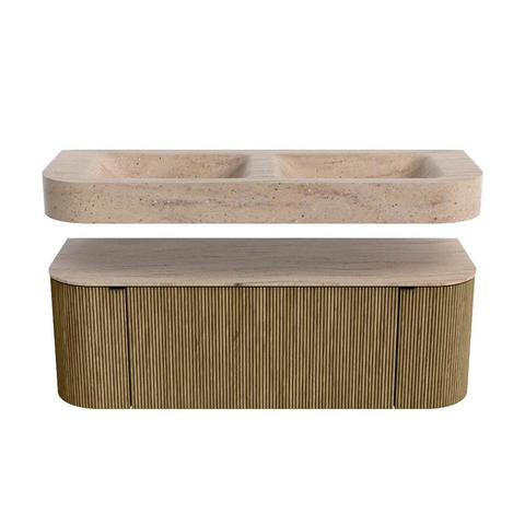 MONDIAZ THOR-DLUX Meuble de salle de bains 130cm arrondi gauche + droite couleur Dusk avec 1 tiroir et 2 portes. Vasque suspendue CLOUD Double 2 trous de robinet couleur Saba. SW1464061