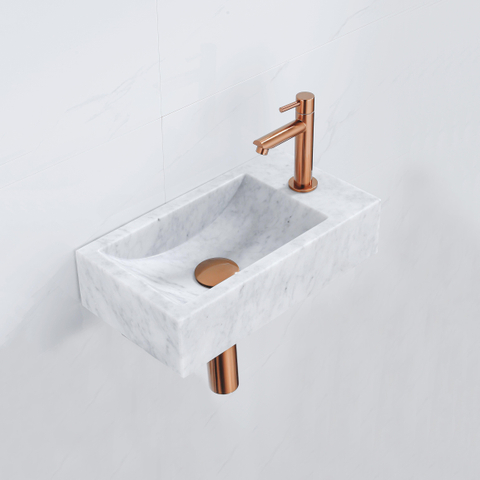 Saniclass Fuente pack lave-mains – rectangulaire – 40 x 22 x 10 cm – pierre naturelle blanche – robinet cuivre SW1111499