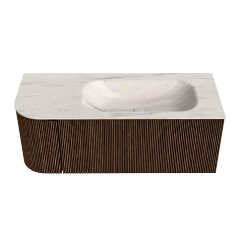 MONDIAZ KURVE-DLUX 115cm badmeubel ronding Links kleur Walnut met 1 lade en 1 deur. Wastafel BIG SMALL Rechts 1 kraangat Meli. SW1431695