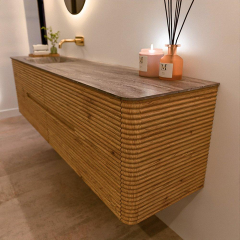 Mondiaz CIRO-DLUX Ensemble de meubles de salle de bains - 180x45x50cm - lavabo Solid surface Oza - 1 vasque à gauche - sans trous de robinet - 4 tiroirs - Chêne SW1531173
